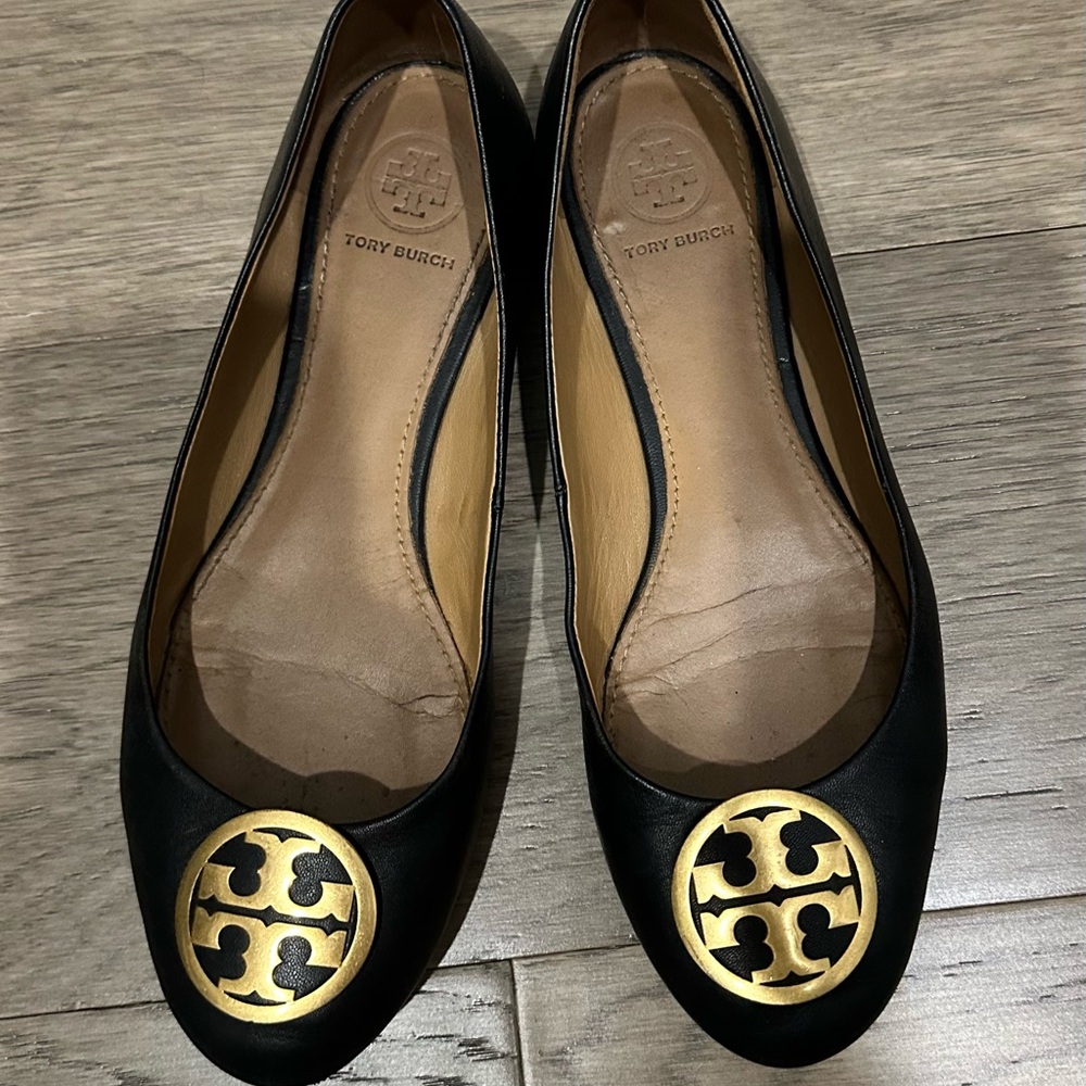 Tory Burch Black Leather Flats with Gold Logo
